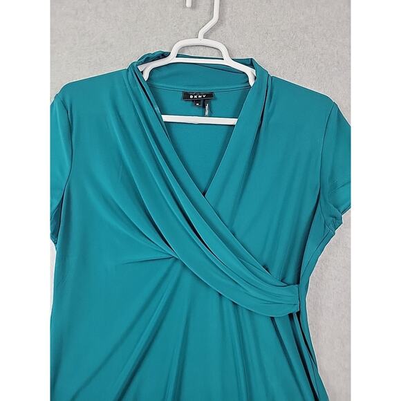 DKNY Teal Green Short Sleeve Ruched V Neck Stretch Career Blouse Womens Plus XXL - Picture 2 of 12
